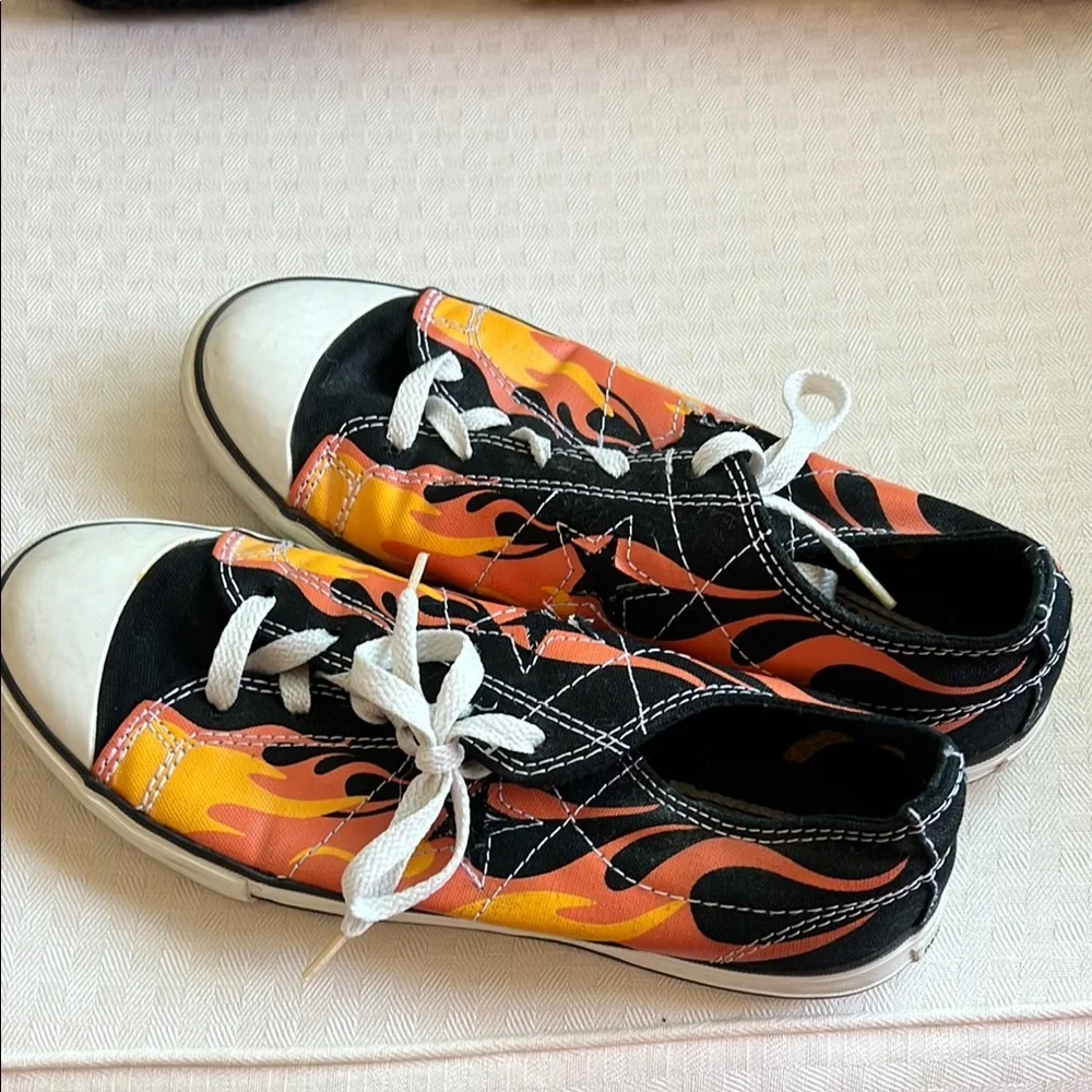 Converse Black Sneakers with Orange and Yellow Flames - Picture 1 of 4